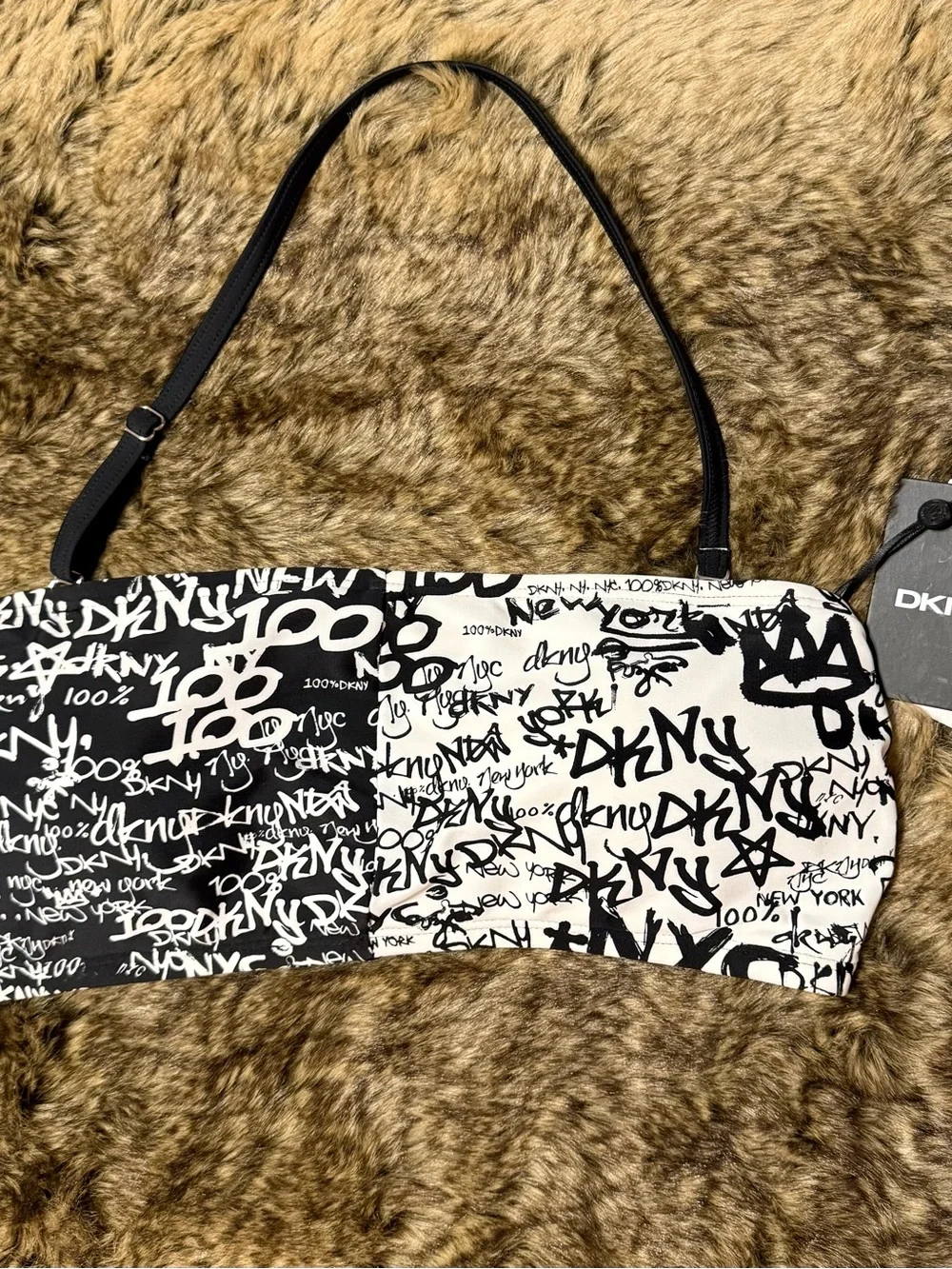 DKNY Black White Graffiti Bandeau Bikini Top NWT L
